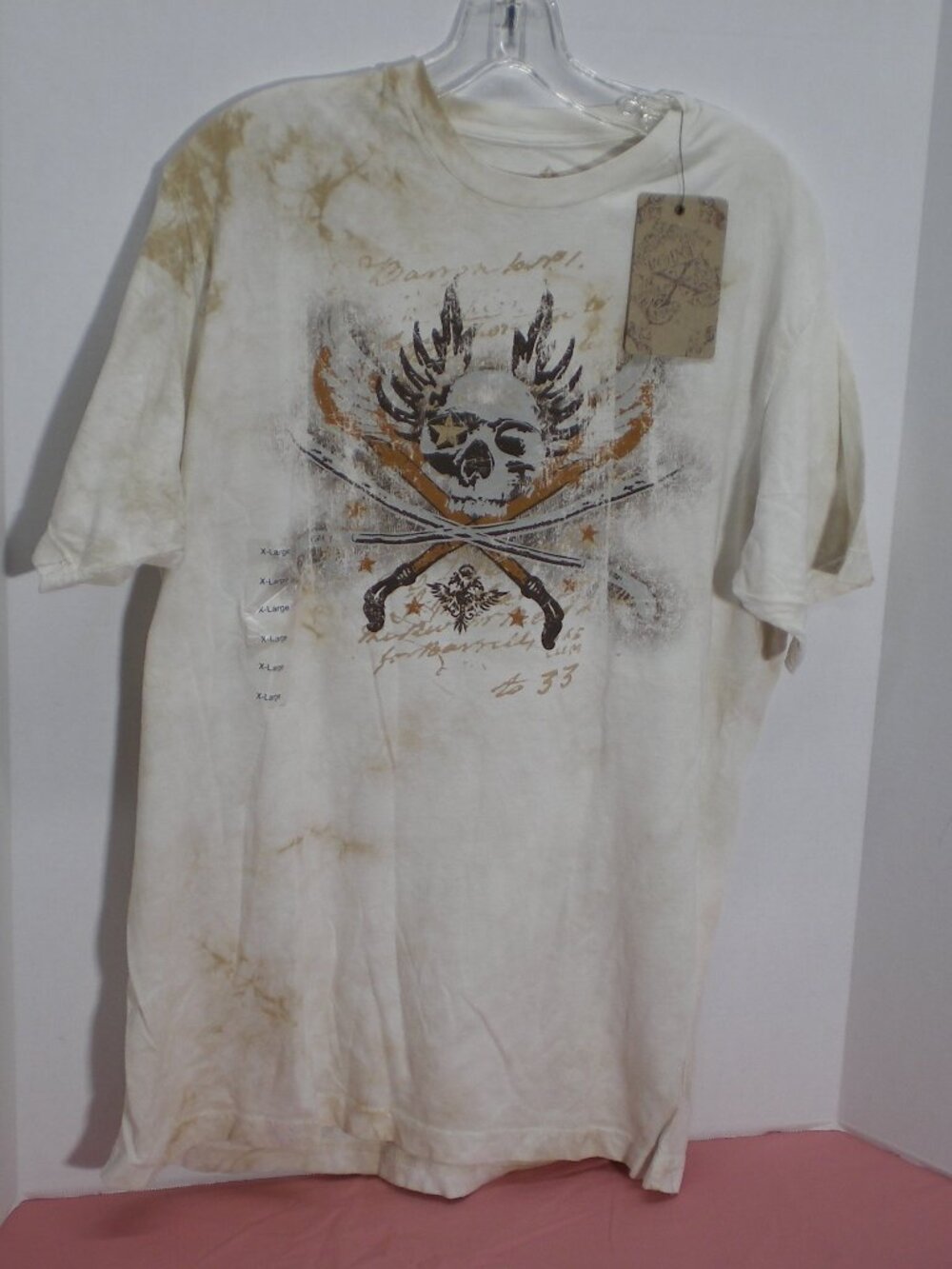 Point X Natural White Graphic Tee with Distressed Winged Skull & Swords, Size XL